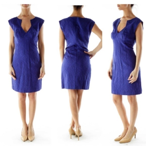 TRINA Turk Blue Dress V-Neck Geometric Textured jacquard  2 - Picture 1 of 8